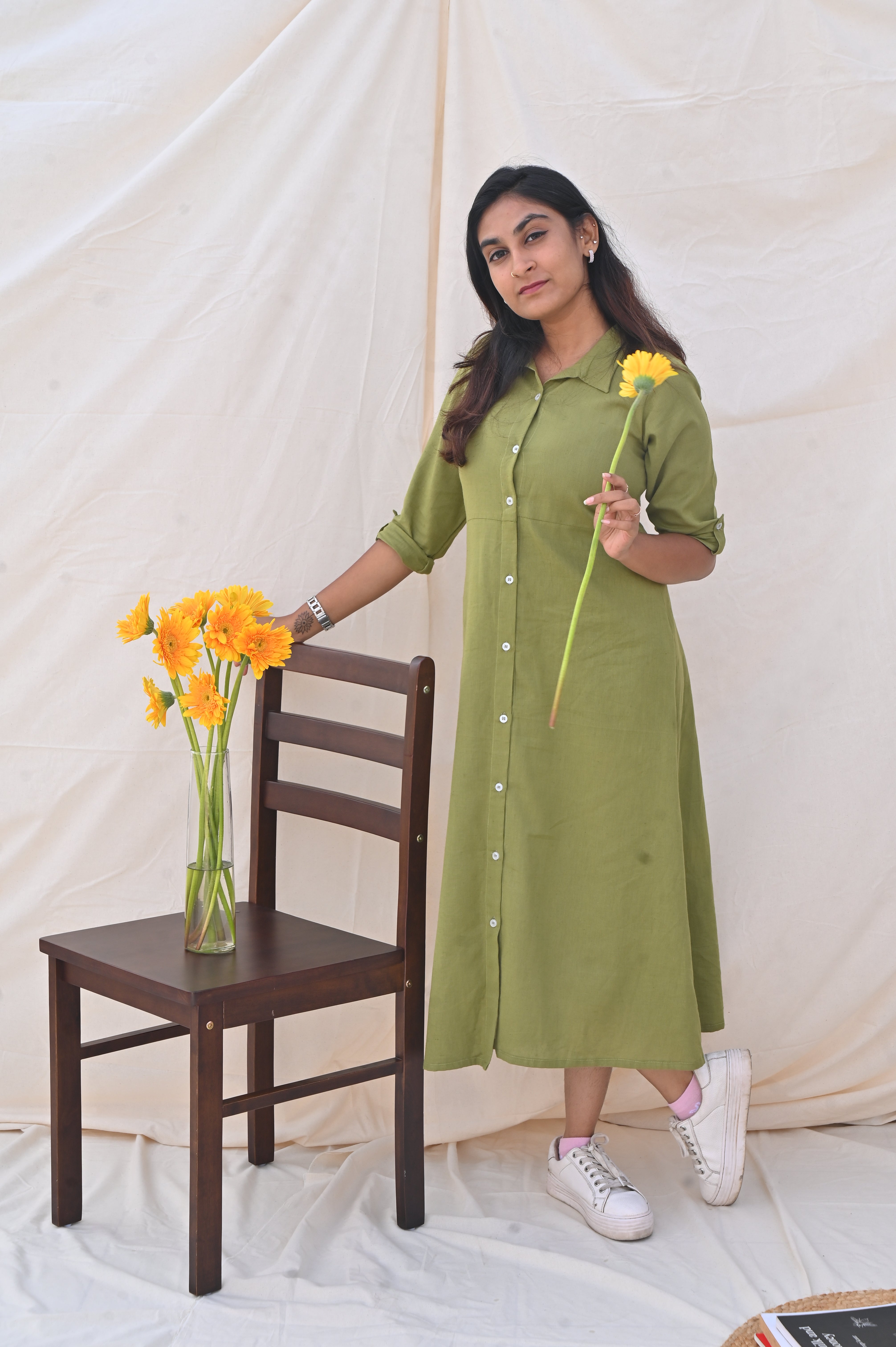 Green Pure Linen Long Shirt Dress