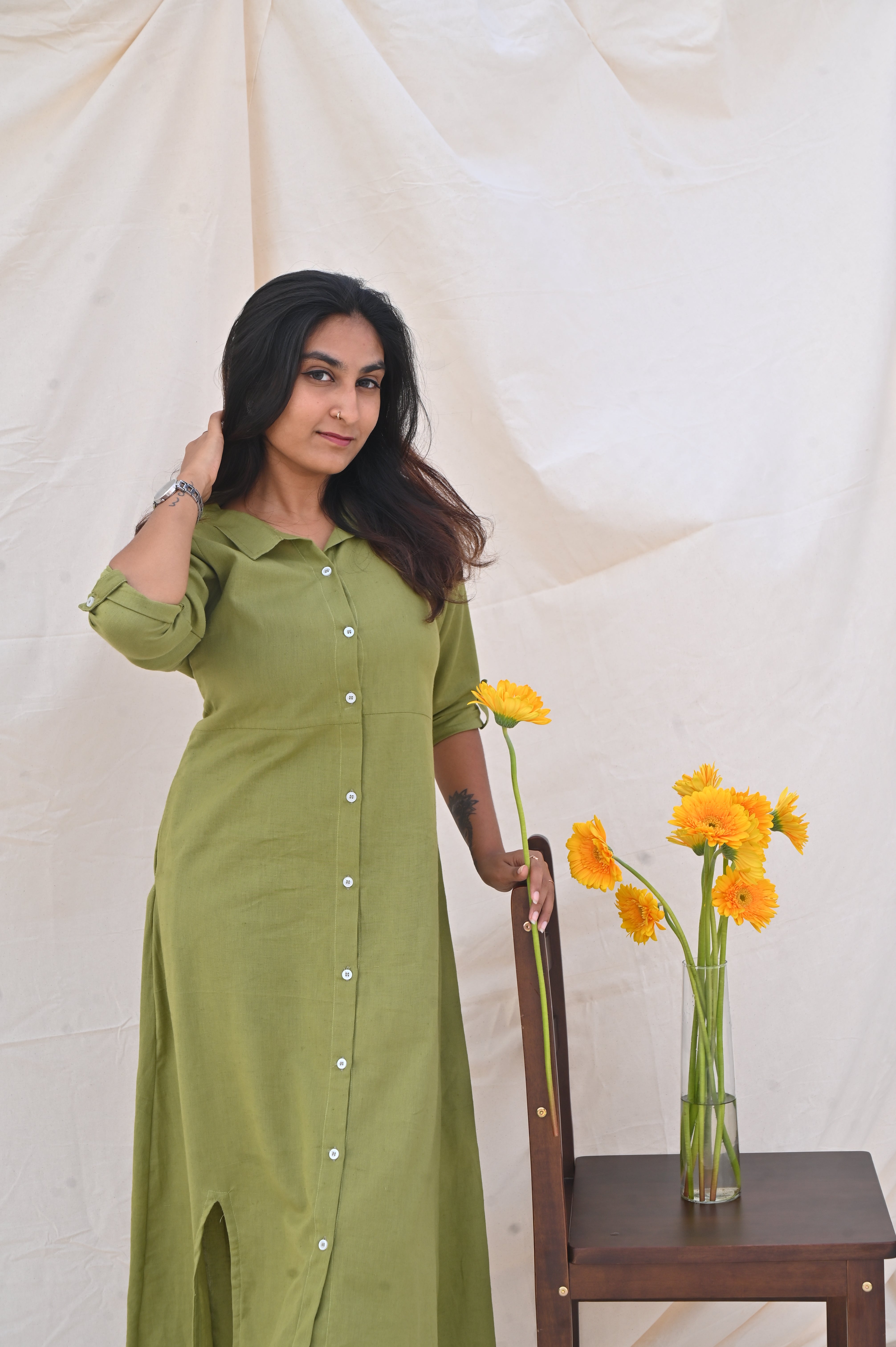 Green Pure Linen Long Shirt Dress