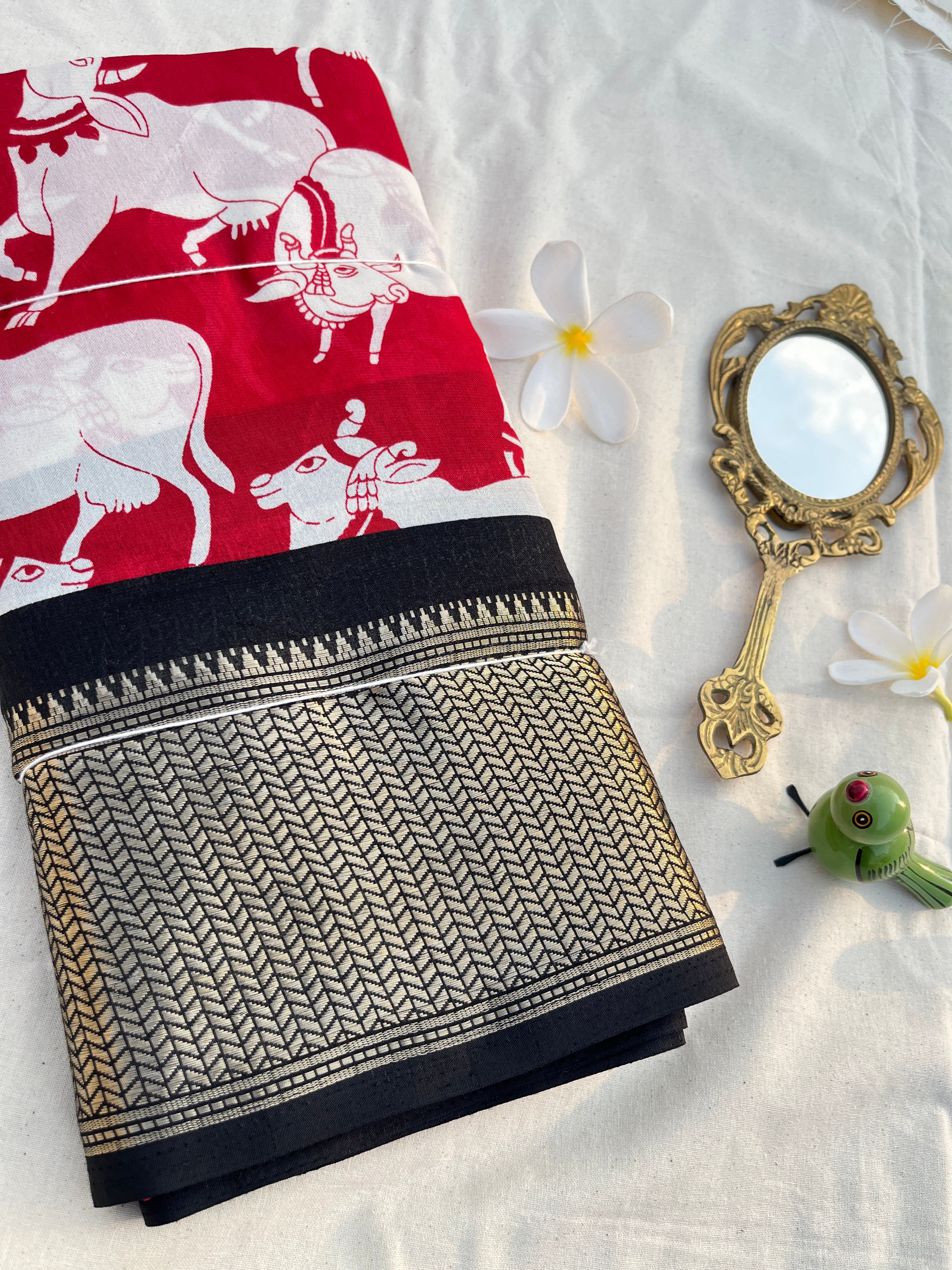 Pichwai cow print border fabric sarees