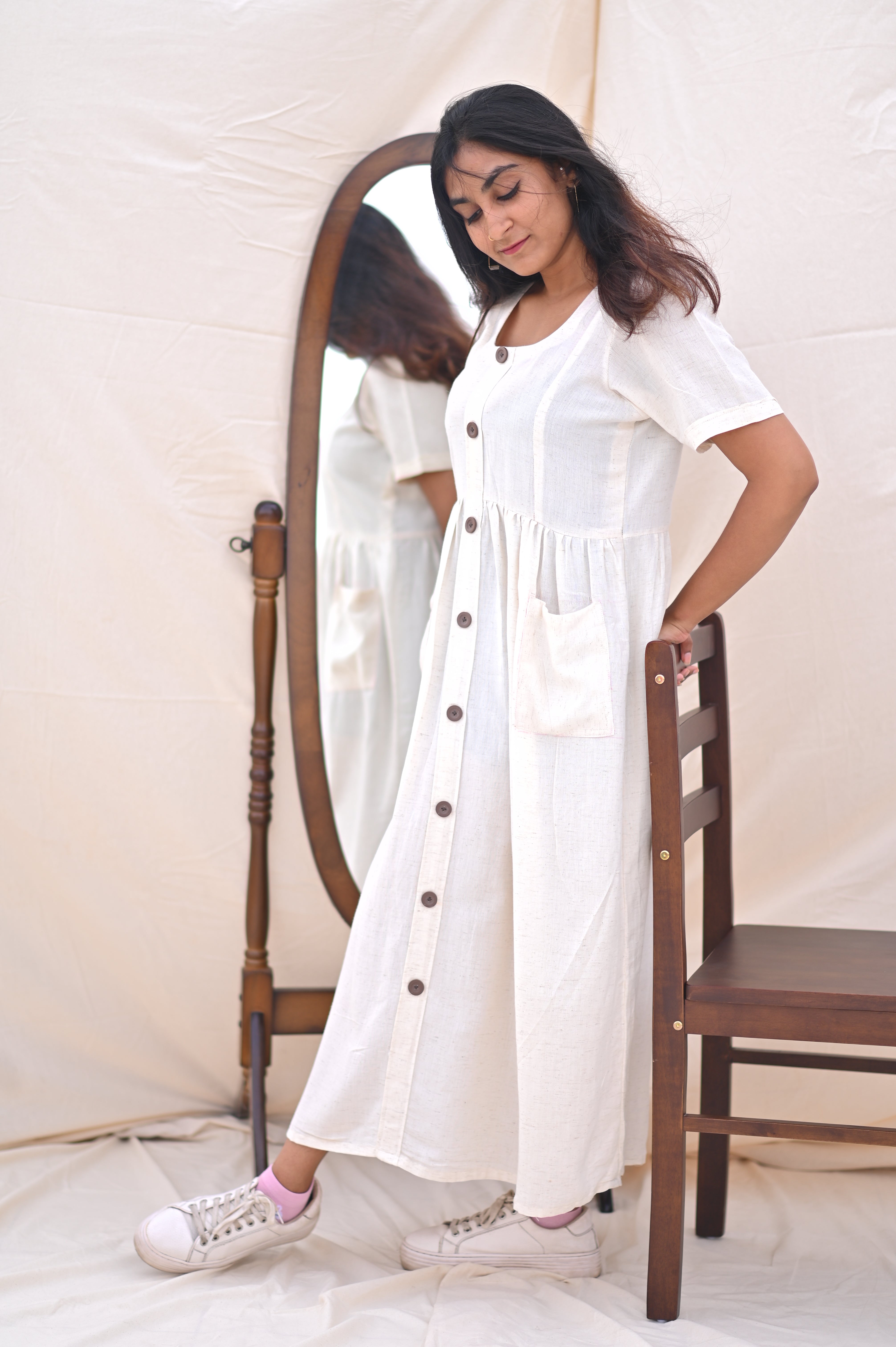 White Pure Linen Shirt Dress